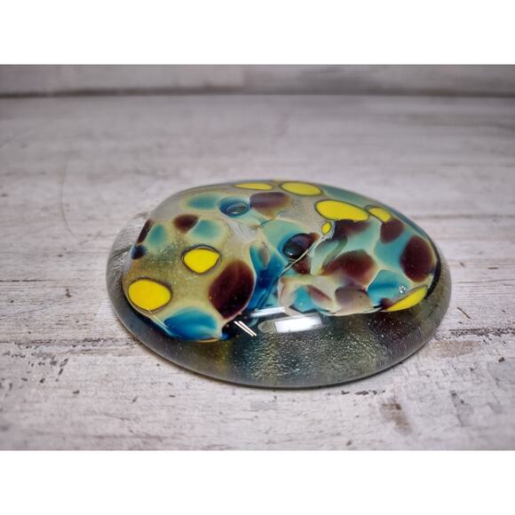 Bedrock Industries Recycled Glass Round Flat Paperweight Spots Yellow Brown Blue - Picture 3 of 9